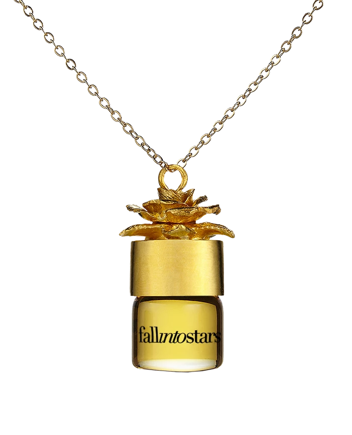 fallintostars potion pendant carrying your favorite perfume in a gold necklace. Necklace allows you to substitute fragrances at your desire.